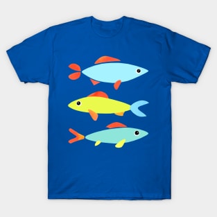 THREE COLORFUL FISH - 3 Fishes in Vibrant Blue, Red, Orange, and Green T-Shirt